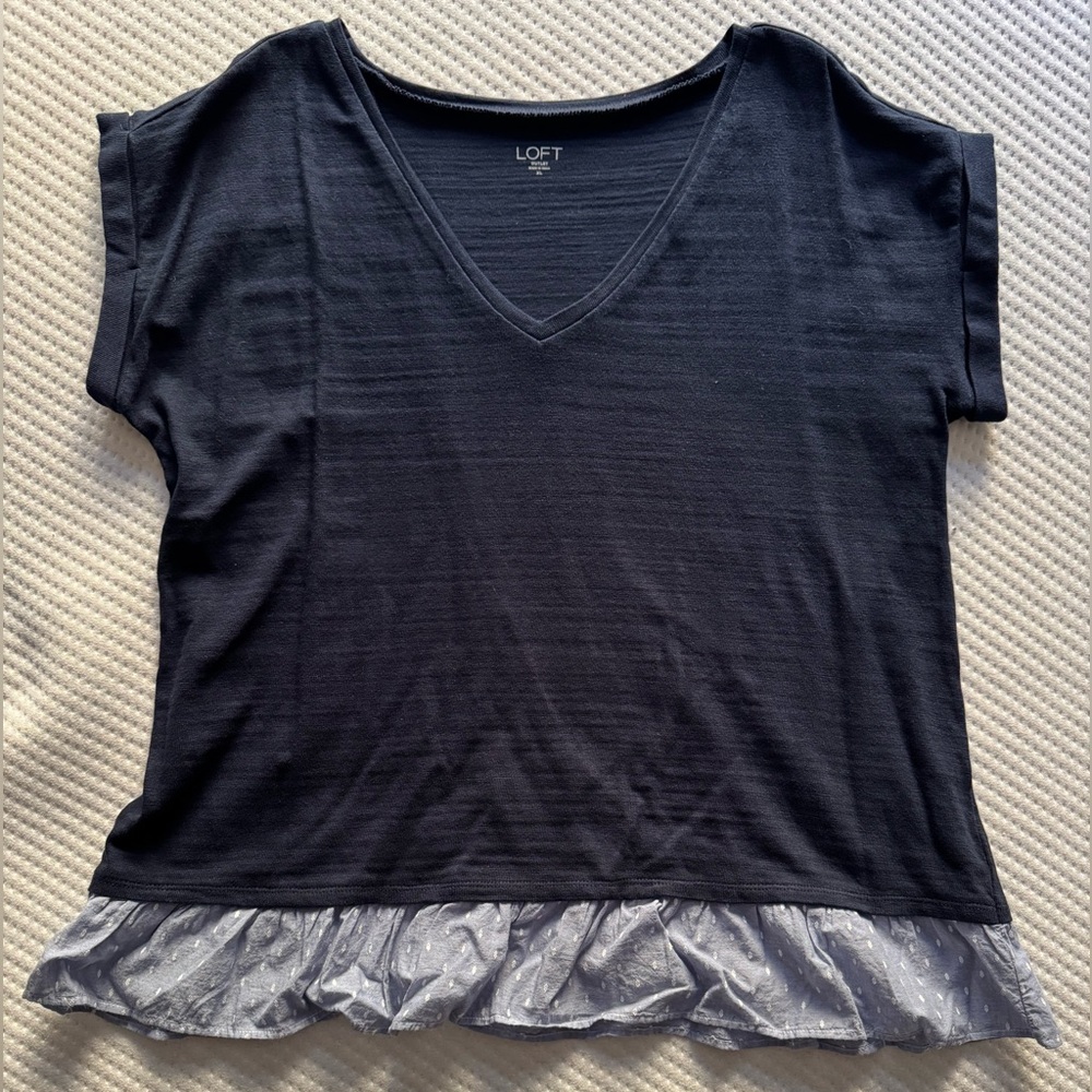 NWT LOFT Navy knit top with Ruffle Hem